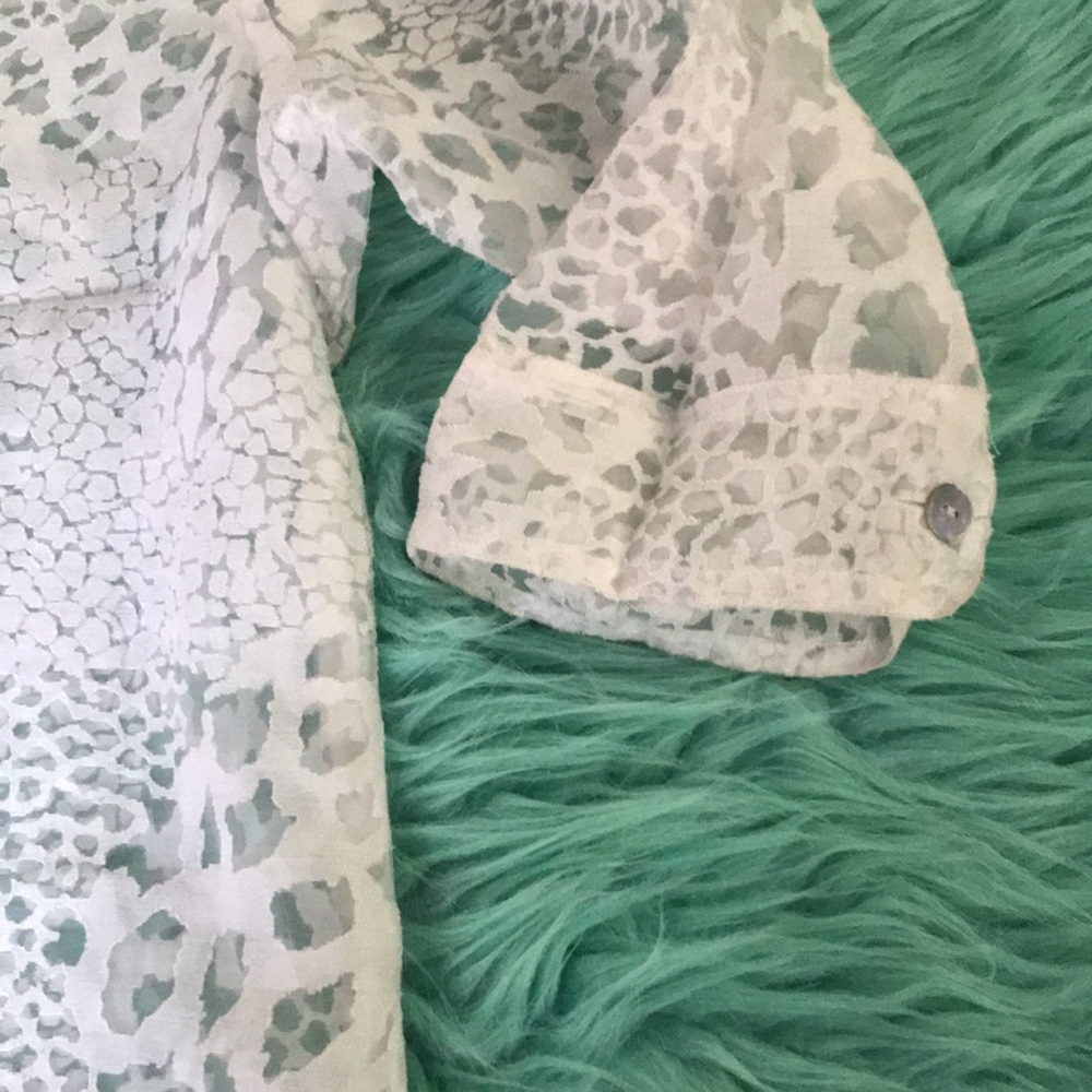 White Leopard Print Sheer Lace Button Front Shirt… - image 4